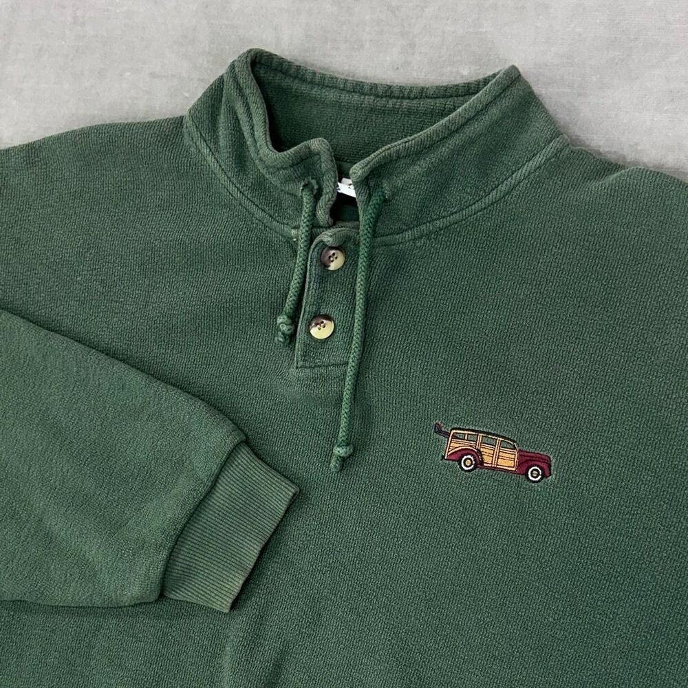 Vintage Forest Green Button-Up Sweatshirt with Embroidered Car- Reposhed